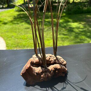 #7033 COPPER CATTAILS ON BURL Metal & Wood Cattail Sculpt Fisherman Cabin Decor